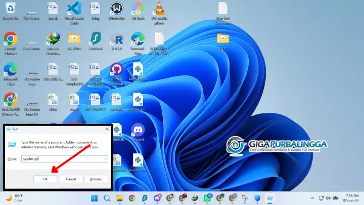 Press windows + r and type sysdm.cpl